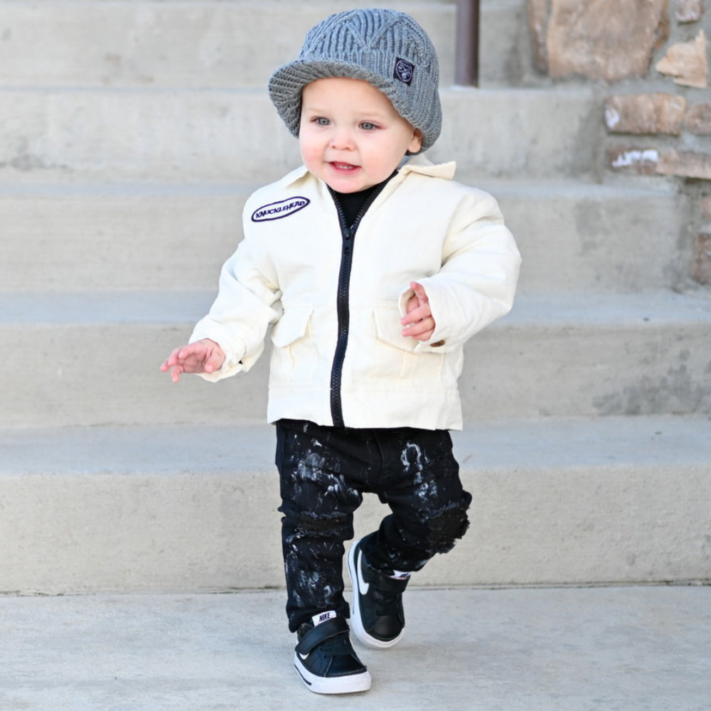 Knuckleheads Gray Boy's Baby Visor Beanie Hat with Stripes Detail, Gray Cable Knit - Knuckleheads Clothing