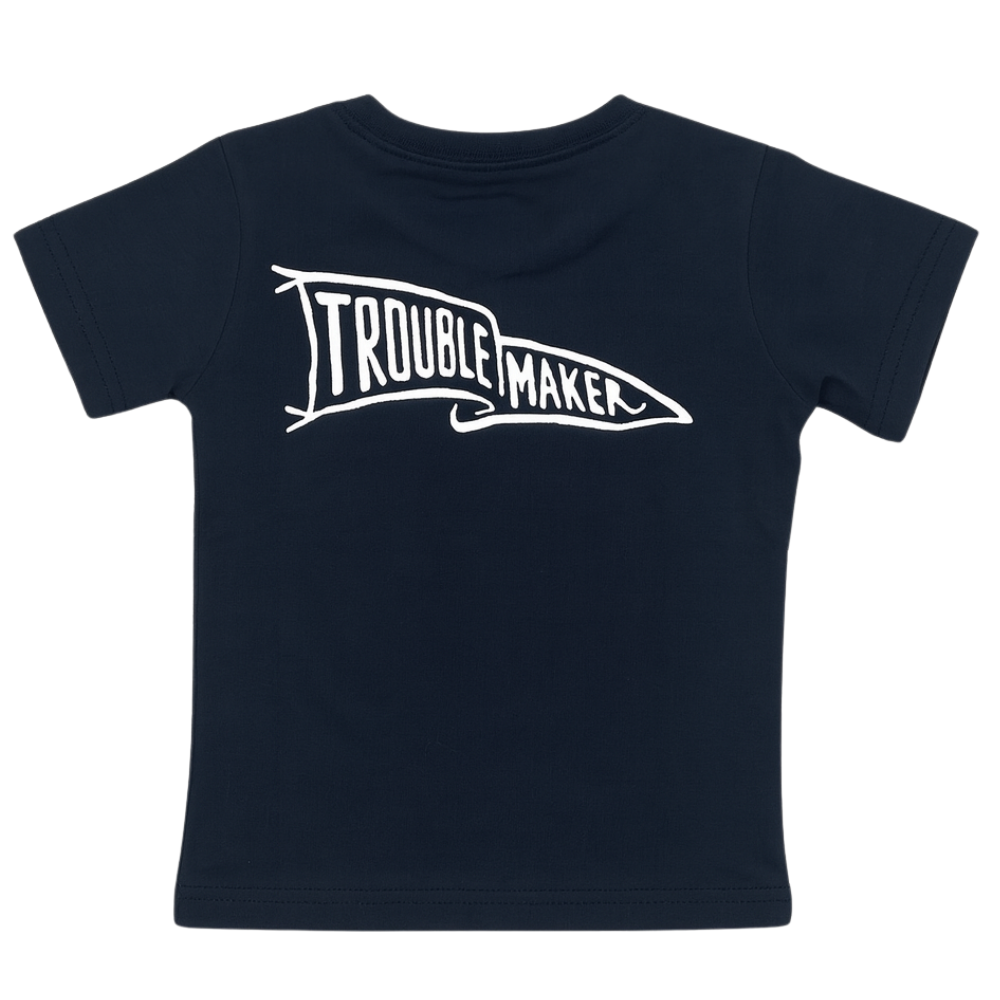 Back view of black kids t-shirt with large Troublemaker graphic by Knuckleheads Clothing