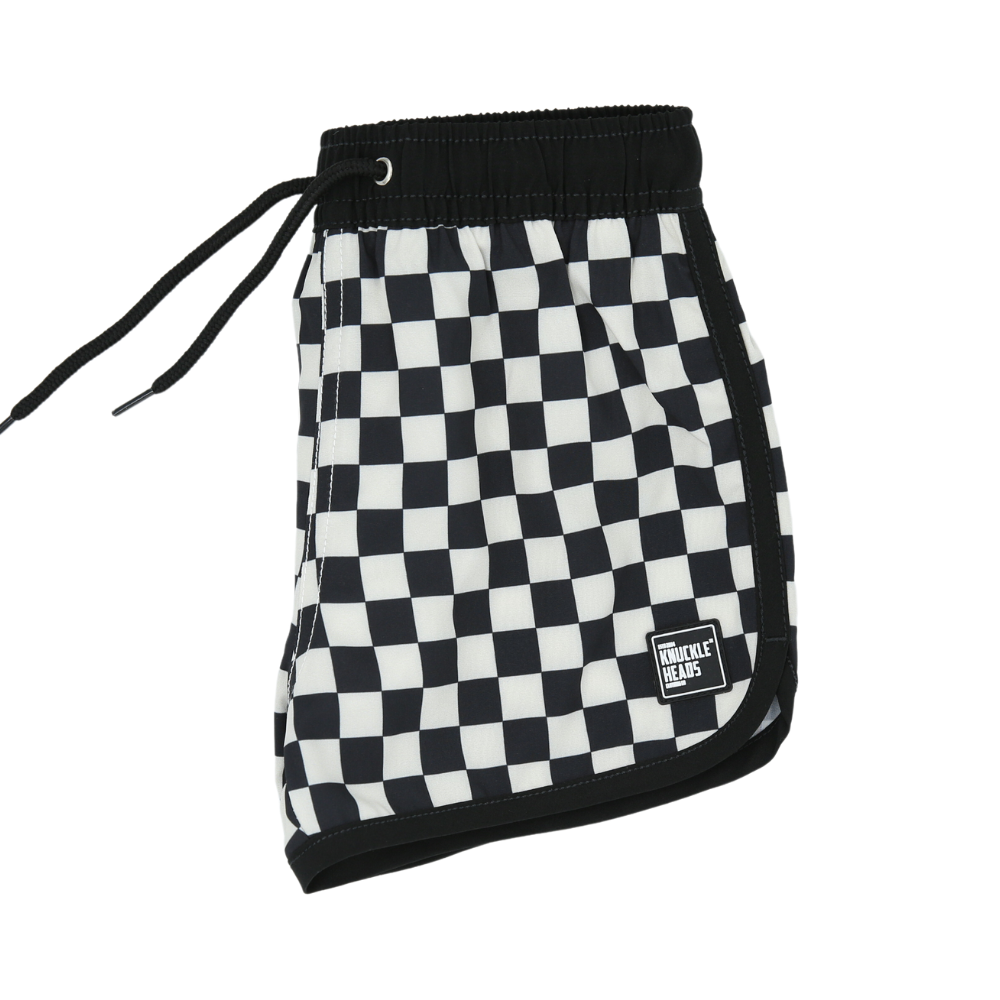 Get your kids ready for a day of water fun with these stylish swim shorts in a classic white and black checkered pattern. The shorts showcase the Knuckleheads logo, adding a touch of attitude to their beach or poolside look. The contrasting colors and distinctive logo make these swim shorts a trendy and playful choice for young adventurers enjoying their summer escapades.