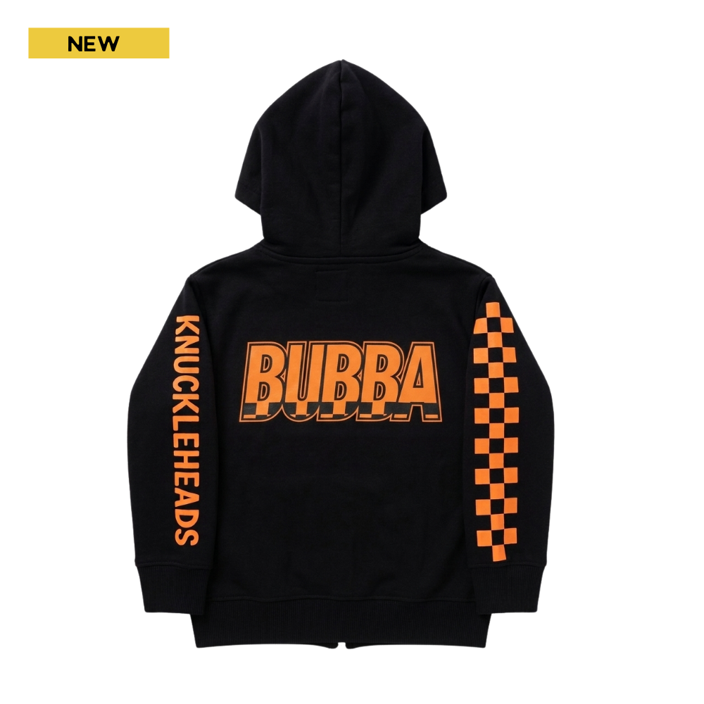 Knuckleheads Kids Bubba Zip Hoodie black graphic sweatshirt with orange logo and checker sleeves for toddlers and youth