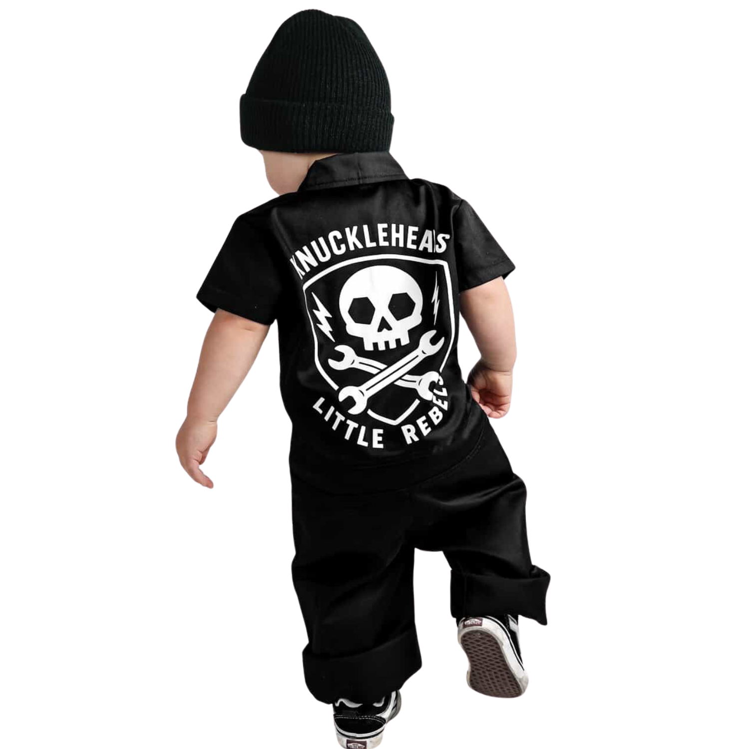 Mini mechanic style: black Little Rebel Skull Coveralls for infants and toddlers, perfect for bold and playful looks.