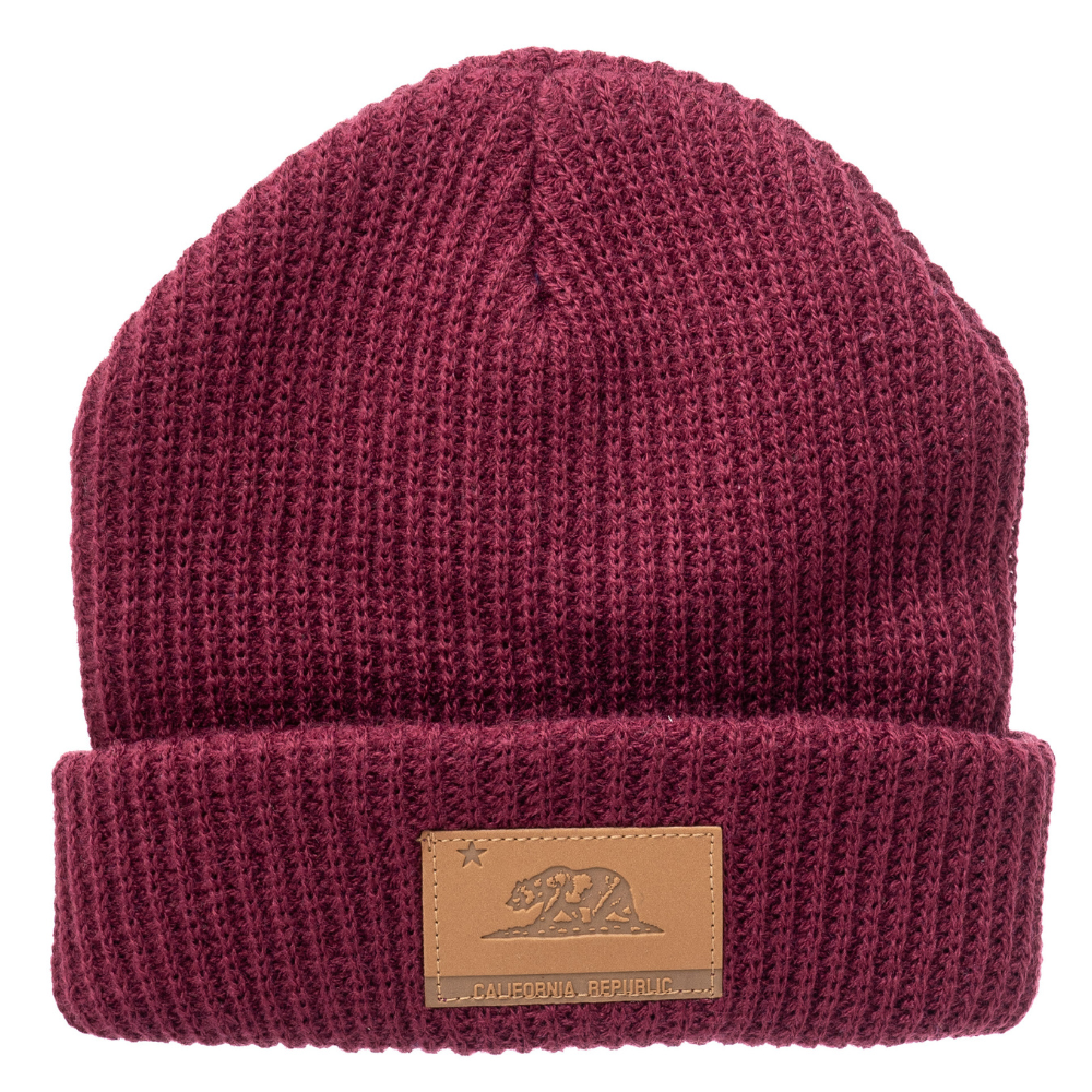Image of Burgundy Kids Beanie with California Republic Logo: A stylish and cozy accessory for kids. In a charming green color, it proudly displays the California Republic logo on the front. Keep your child both trendy and warm with this fashionable beanie, perfect for adding a touch of West Coast flair to their outfits.