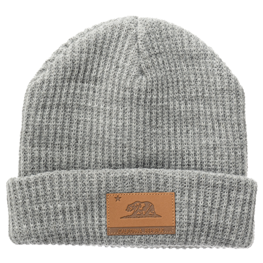 Image of Grey Kids Beanie with California Republic Logo: A stylish and cozy accessory for kids. In a charming green color, it proudly displays the California Republic logo on the front. Keep your child both trendy and warm with this fashionable beanie, perfect for adding a touch of West Coast flair to their outfits.