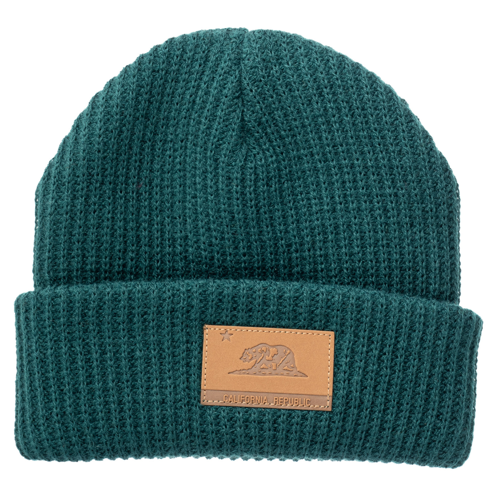 Image of Green Kids Beanie with California Republic Logo: A stylish and cozy accessory for kids. In a charming green color, it proudly displays the California Republic logo on the front. Keep your child both trendy and warm with this fashionable beanie, perfect for adding a touch of West Coast flair to their outfits.