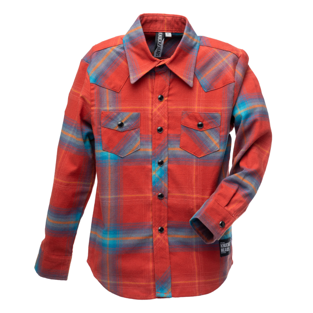 Image: An orange Highland Button Down Long Sleeve Shirt designed for children, featuring a classic, stylish design and made from premium, breathable cotton fabric.