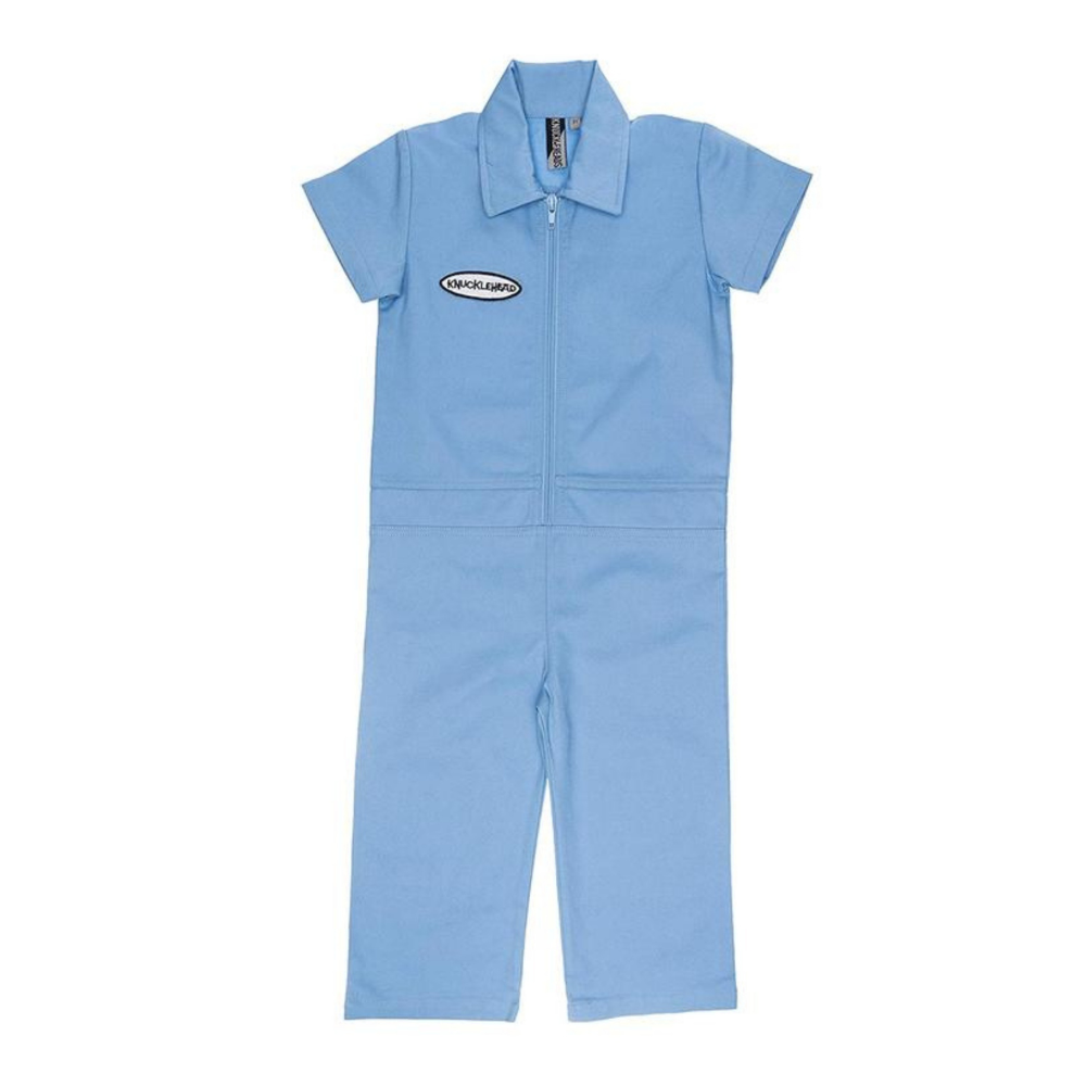 This image showcases delightful baby blue kids' coveralls adorned with a charming Knuckleheads patch, adding a touch of whimsy to your child's wardrobe. These coveralls are not only fashionable but also comfortable, making them an ideal choice for your little one's everyday adventures.