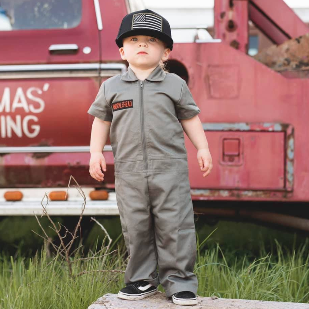 Knuckleheads Kids Dark Olive Coverall for Boys, Mechanic Halloween Jumpsuit Costume Baby Outfit - Knuckleheads Clothing
