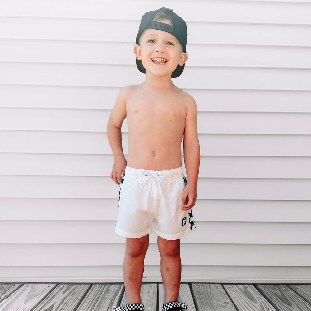 White Checkers Swim Shorts - Knuckleheads Clothing