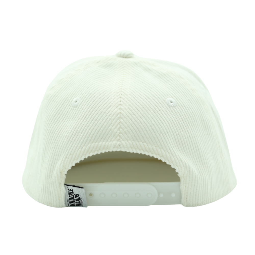 Image of White Corduroy Bill Kids Trucker Hat with Knuckleheads Patch: A cool and trendy trucker hat designed for kids. The hat features a stylish white crown and a white bill, adorned with a striking Knuckleheads patch on the front. Elevate your child's style with this fashionable and comfortable accessory, perfect for any adventure or everyday wear. Crafted with care, this grey with grey bill trucker hat with a Knuckleheads patch is a must-have addition to their wardrobe.