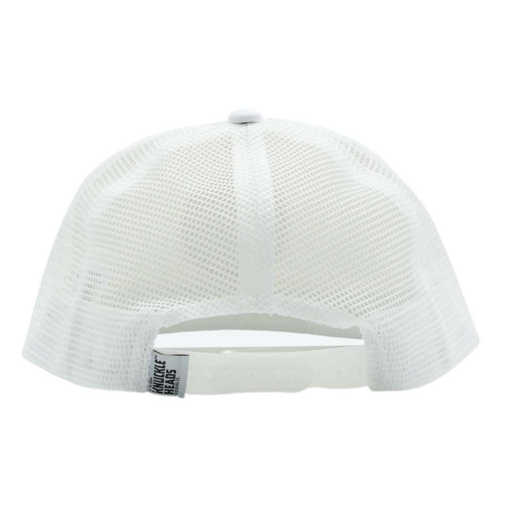 Image of White Kids Trucker Hat with Knuckleheads Patch and Checkered Pattern: A hip and stylish trucker hat designed for kids. The hat comes in crisp white and features a fashionable Knuckleheads patch adorned with a cool checkered pattern. Made with no sun mesh for a comfortable and breathable wear. Perfect accessory to elevate your child's style while providing sun protection.