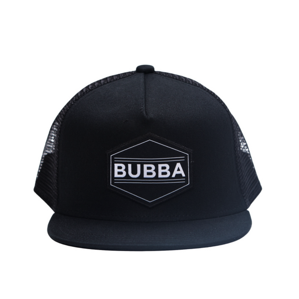 Introducing the Stylish Kids Trucker Hat with 'Bubba' Patch and Sun Mesh: A versatile and practical accessory designed for kids. In sleek black, it features a playful 'Bubba' patch on the front and sun mesh for added breathability. Elevate your child's style with this fashionable and comfortable hat, perfect for outdoor adventures and everyday wear.