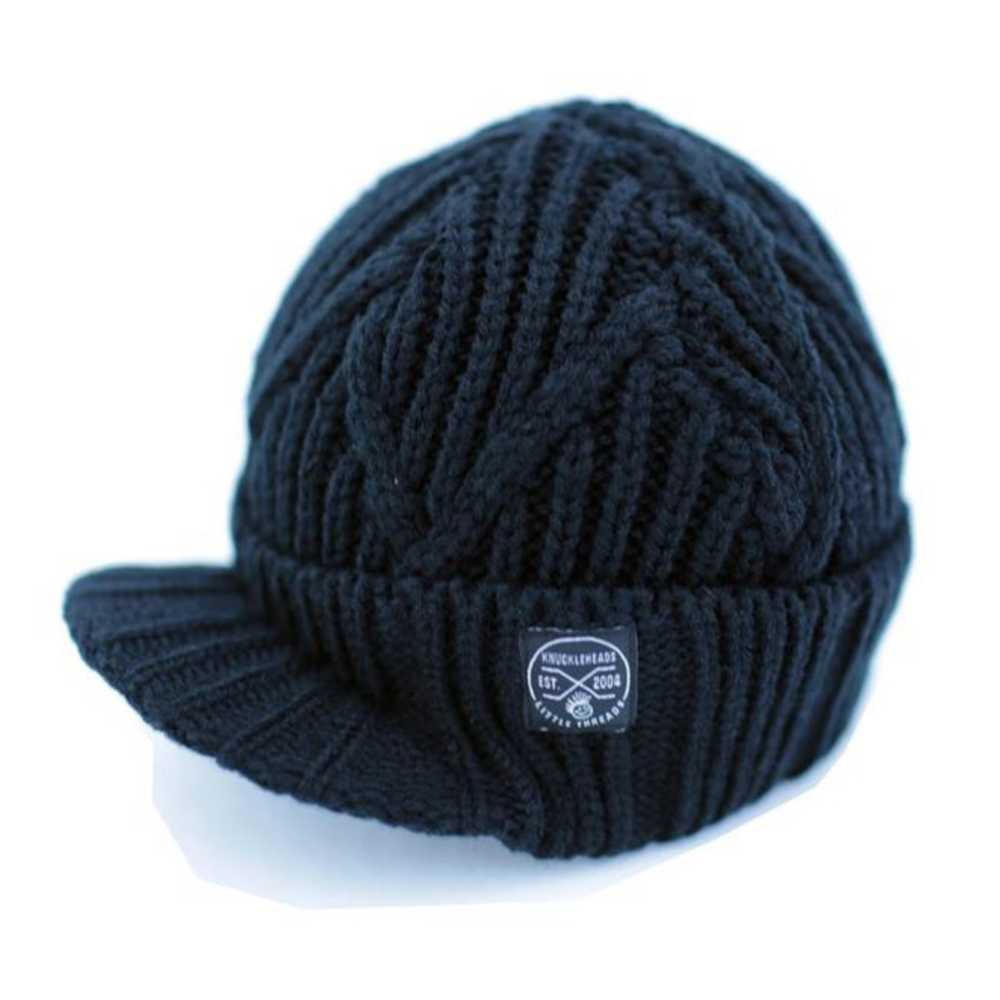 Knuckleheads Black Boy's Baby Visor Beanie Hat with Stripes Detail, Black Cable Knit - Knuckleheads Clothing