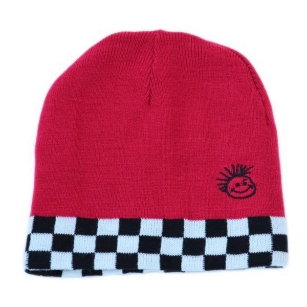 Image featuring a red checkered beanie from Knuckleheads, specially designed for children. This versatile beanie showcases a unique checker pattern, along with the Knuckleheads brand tag, making it suitable for infants and toddlers. A distinctive choice within the collection of Infant hats, adding an extra touch of charm.