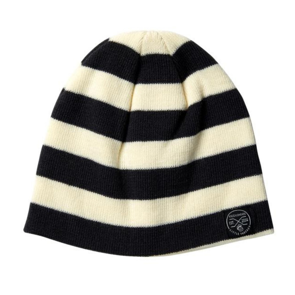Image of White and Black Striped Kids Beanie with Knuckleheads Logo: A stylish and cozy accessory for kids. Featuring a sleek white and black striped design, it showcases the iconic Knuckleheads logo on the front. Keep your child warm and fashionable with this comfortable beanie, perfect for adding a touch of character to their outfits.