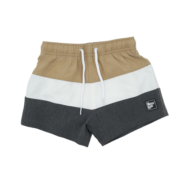 Tan and Black Kids Swim Shorts: Children's swimwear in tan and black color, perfect for fun days at the beach or pool.