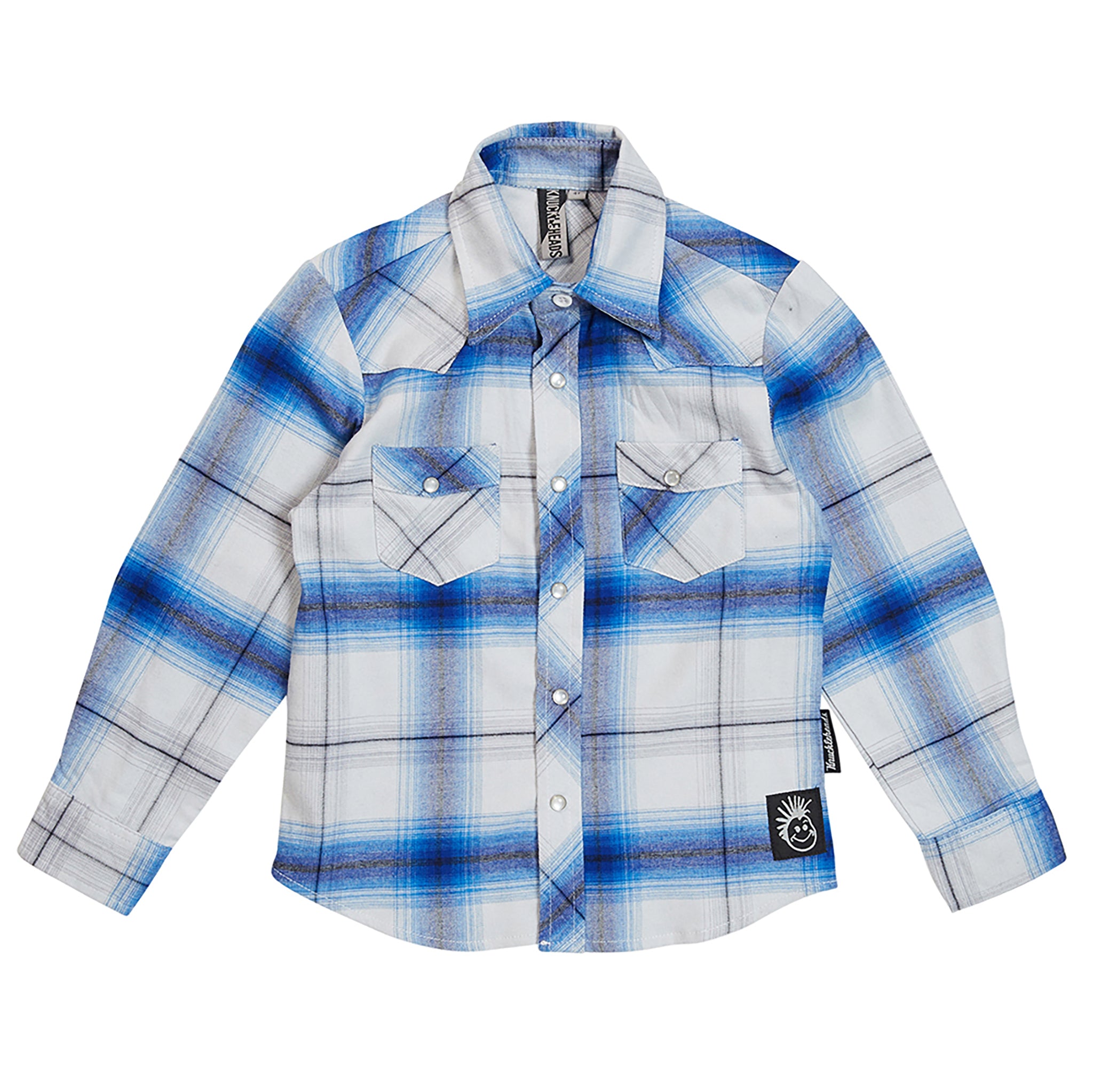 Blue & White Knuckleheads Long Sleeve Plaid Rockabilly Shirt - Knuckleheads Clothing
