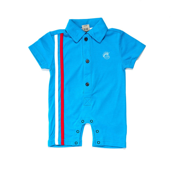 Baby Infant Retro Stripes Polo Onesie for Boys: A stylish and comfortable polo onesie with retro-inspired stripes. Paired with the Knuckleheads Race Track Blue Halloween Jumpsuit Costume Outfit, perfect for Halloween or themed events.