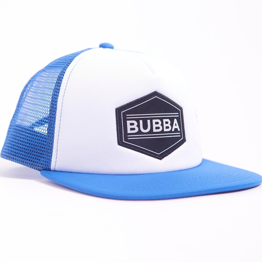 Image of Blue Kids Trucker Hat with 'Bubba' Patch: A vibrant and stylish accessory designed for kids. In a cool blue shade, it features a playful 'Bubba' patch on the front. Elevate your child's style with this fashionable hat, perfect for adding a pop of color to their outfits. Crafted with care, this blue kids trucker hat with the 'Bubba' patch is a must-have addition to their wardrobe, suitable for various occasions and everyday wear.