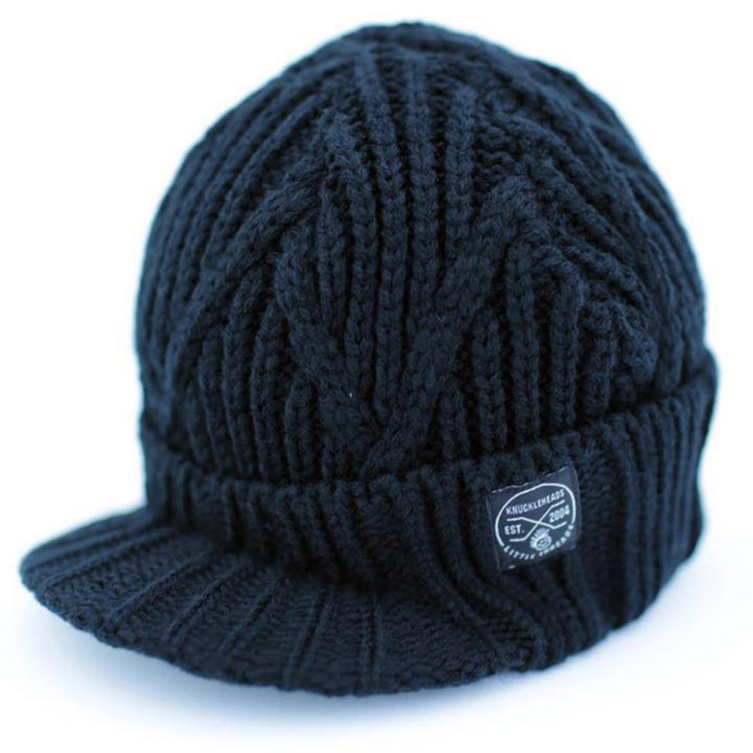 Image of a black knit beanie for kids, showcasing a Knuckleheads tag and a visor. The intricate knit pattern adds texture to the beanie's design, offering a blend of fashion and functionality.