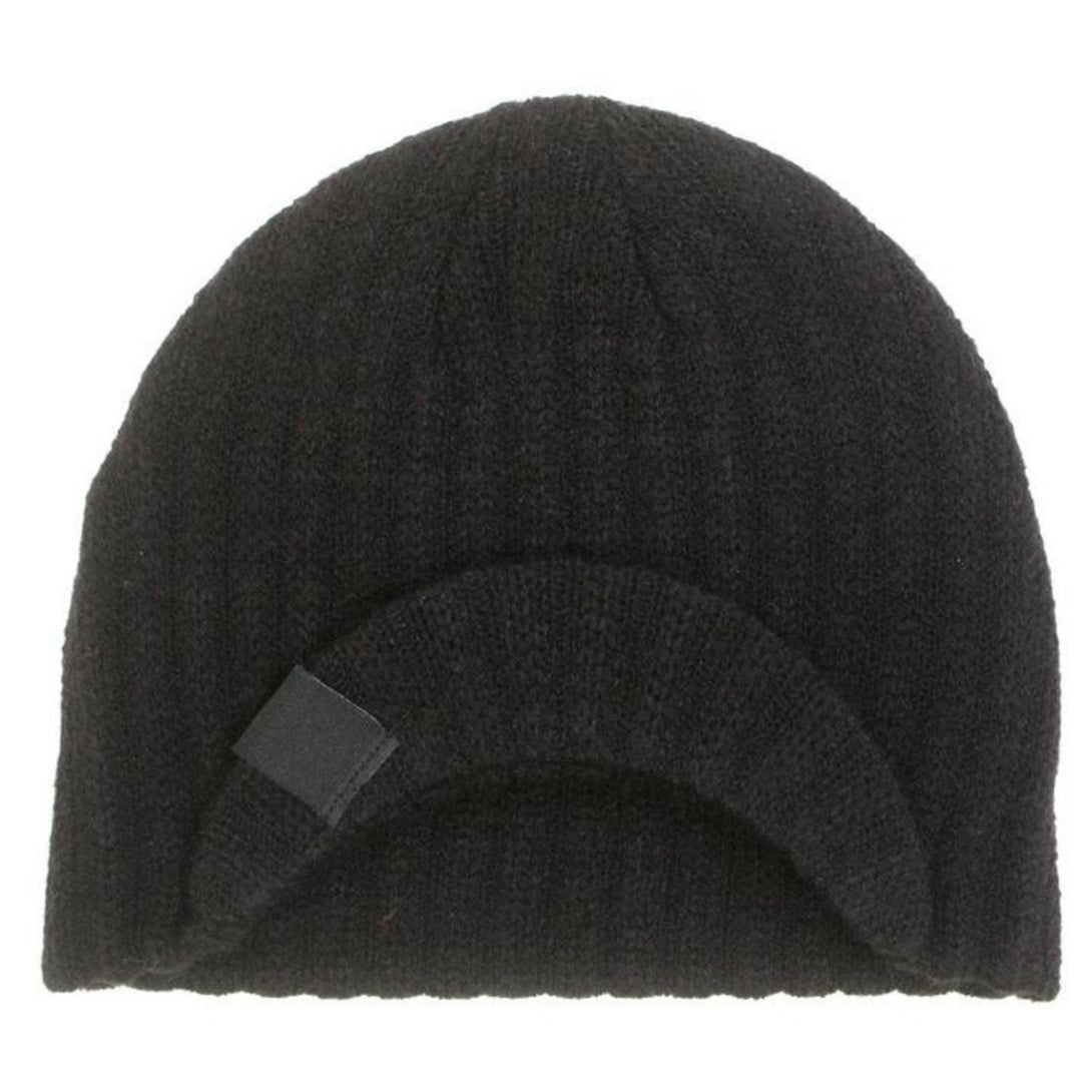 Snapshot of a children's black beanie by Knuckleheads, showcasing a timeless design with the iconic brand tag and a subtle visor.