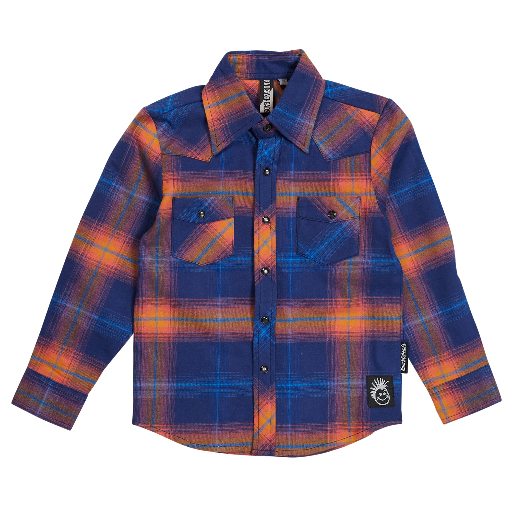 Blue & Orange Knuckleheads Long Sleeve Plaid Rockabilly Shirt - Knuckleheads Clothing