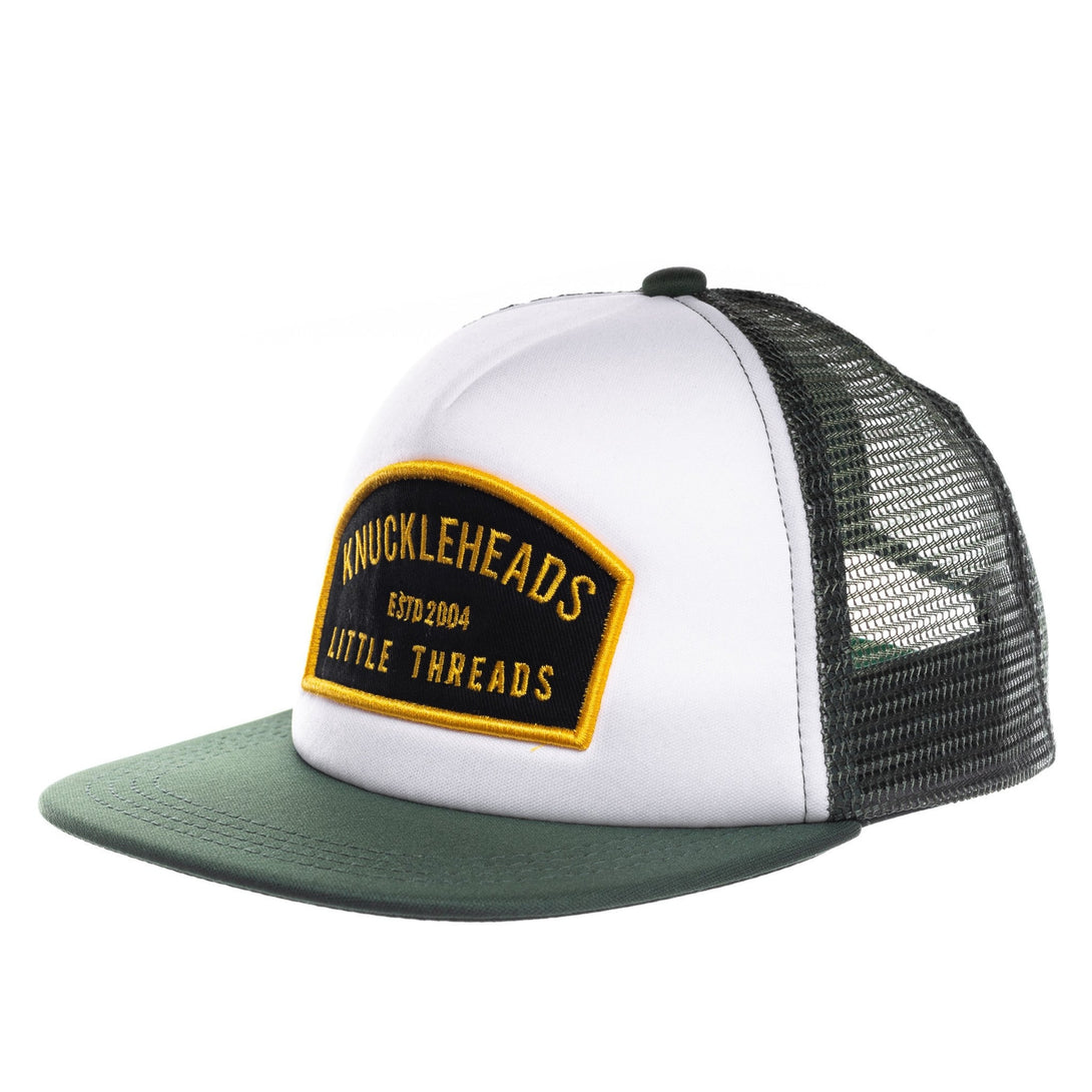 Image of Green Kids Trucker Hat with Green Mesh and Knuckleheads Patch: A vibrant and stylish accessory designed for kids. In lively green with matching green mesh, it showcases a striking Knuckleheads patch on the front. Elevate your child's style with this fashionable hat, perfect for adding a touch of color to their outfits while ensuring breathability.