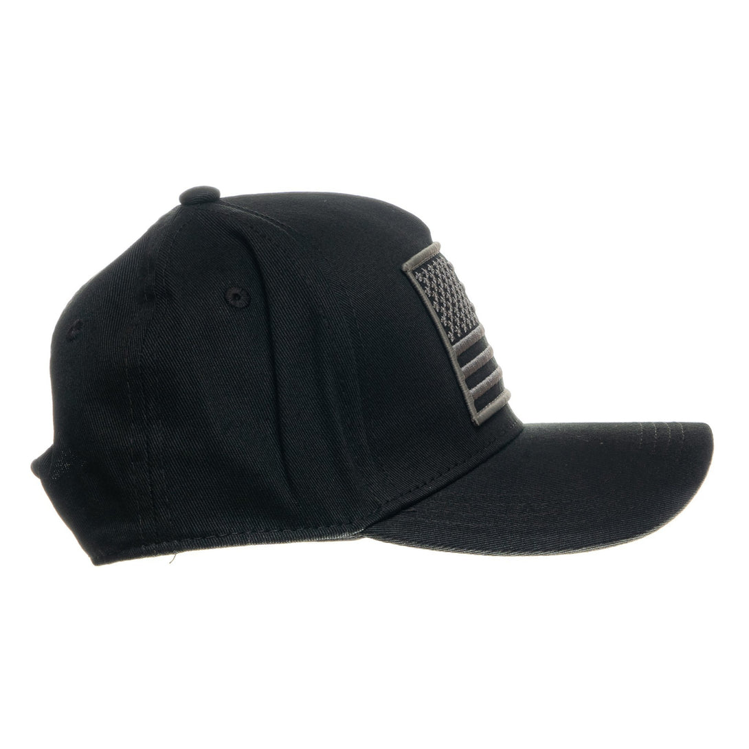 Image of Black Kids Trucker Hat with USA Flag Patch: A patriotic and stylish accessory designed for kids. In classic black, it features a prominent USA flag patch on the front. Elevate your child's style with this fashionable hat, perfect for adding a touch of national pride to their outfits.