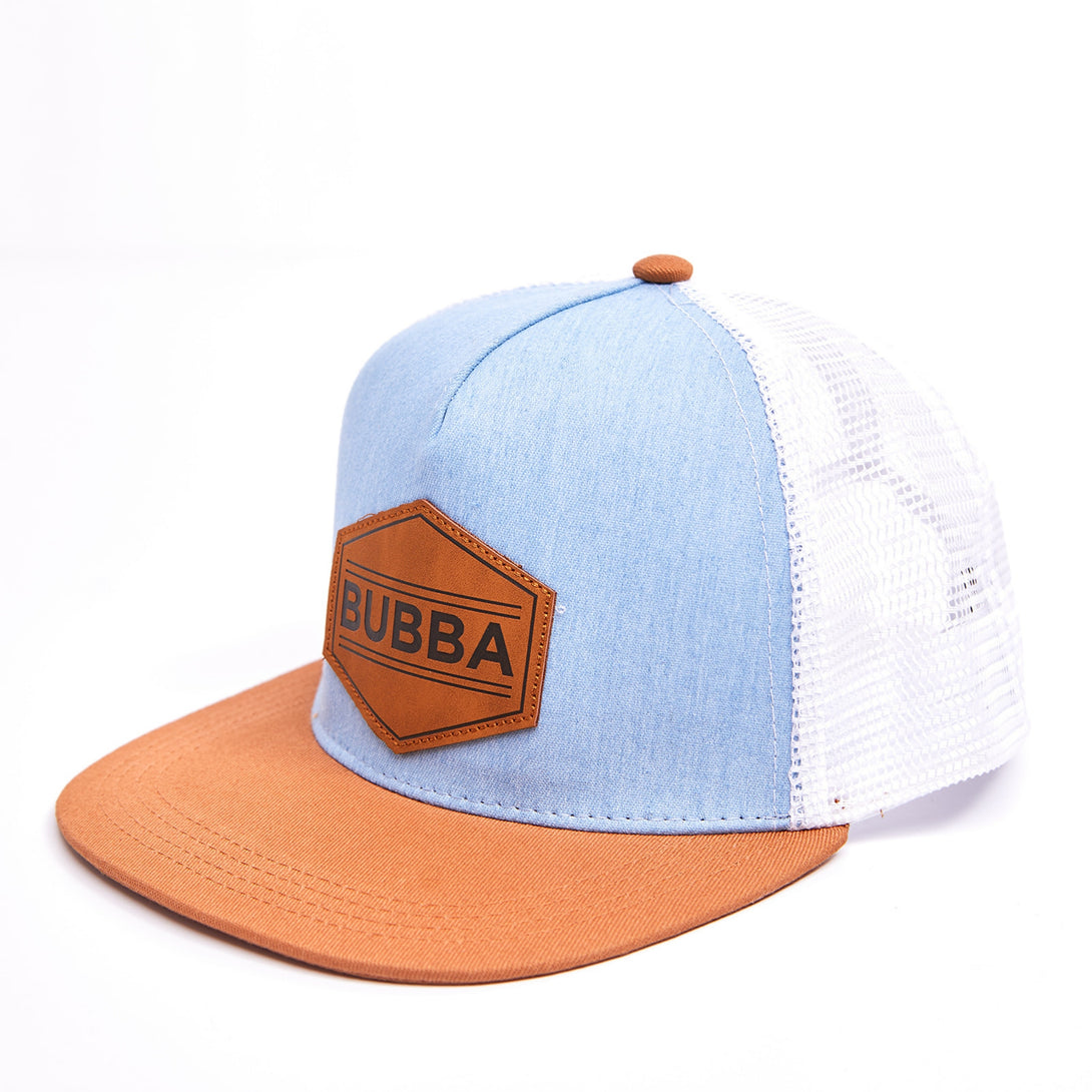 Image of Baby Blue Kids Trucker Hat with 'Bubba' Patch: A charming and stylish accessory designed for kids. In a delightful baby blue hue, it features a playful 'Bubba' patch on the front. Elevate your child's style with this fashionable hat, perfect for adding a touch of color to their outfits. Crafted with care, this baby blue kids trucker hat with the 'Bubba' patch is a must-have addition to their wardrobe, suitable for various occasions and everyday wear.