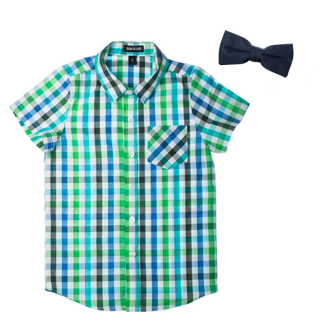 kids short sleeve blue and green button down shirt with navy bow tie adjustable perfect for any occasion 
