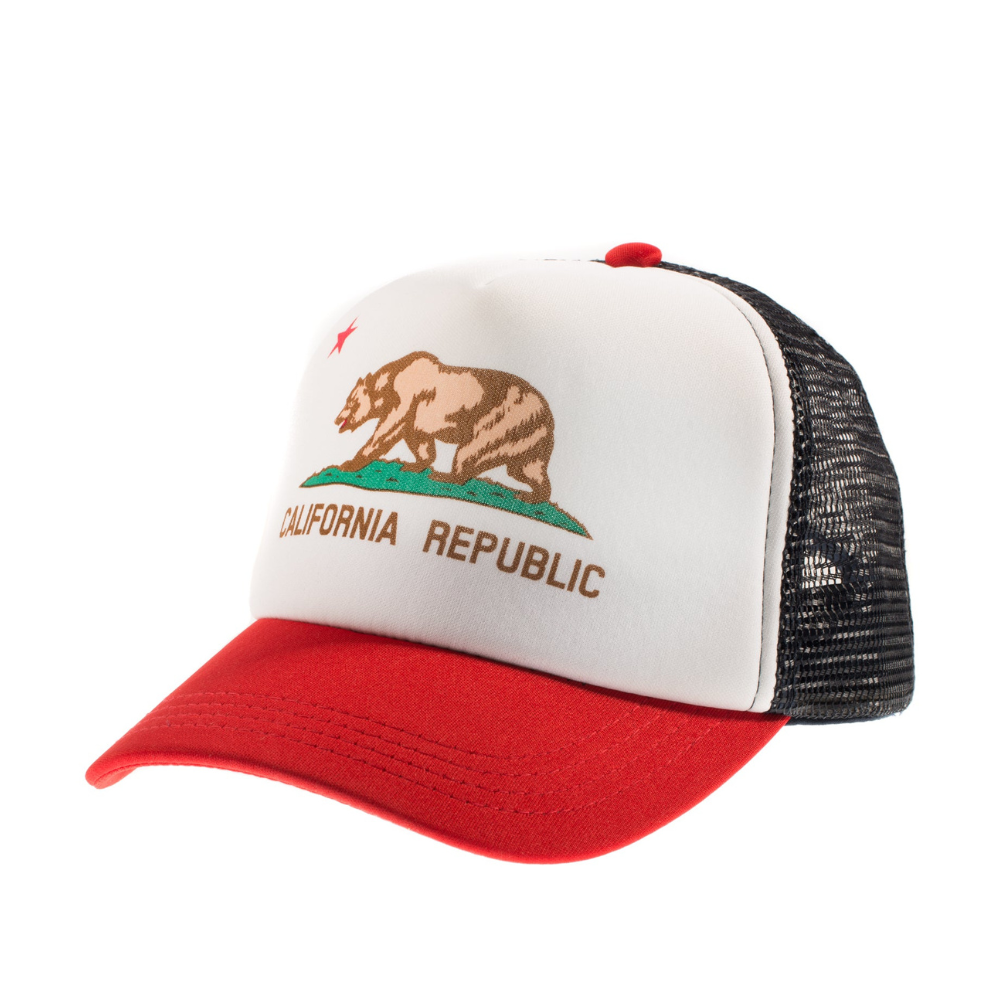 Image of Red, Blue, and White Kids Trucker Hat with California Republic Patch: A dynamic and stylish accessory designed for kids. Combining bold red, blue, and white hues, it showcases a captivating California Republic patch on the front. Elevate your child's style with this fashionable hat, perfect for expressing their connection to the Golden State. 