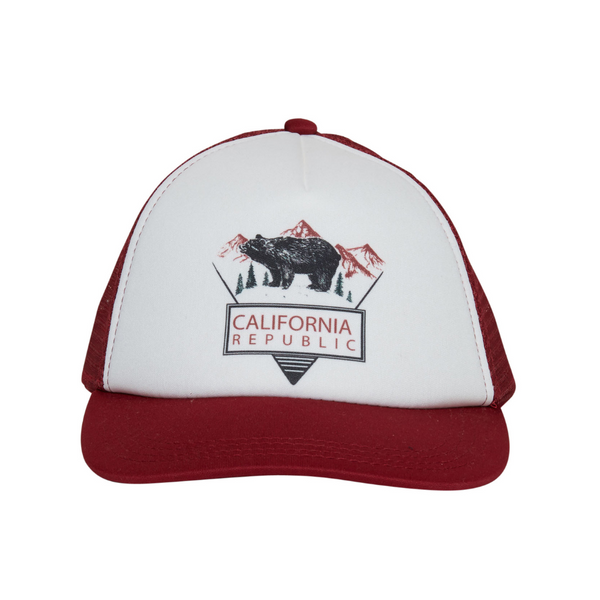 Image of Burgundy Kids Trucker Hat with California Republic Patch: A sophisticated and stylish accessory designed for kids. In rich burgundy, it showcases a captivating California Republic patch on the front. Elevate your child's style with this fashionable hat, perfect for expressing their allegiance to the Golden State.