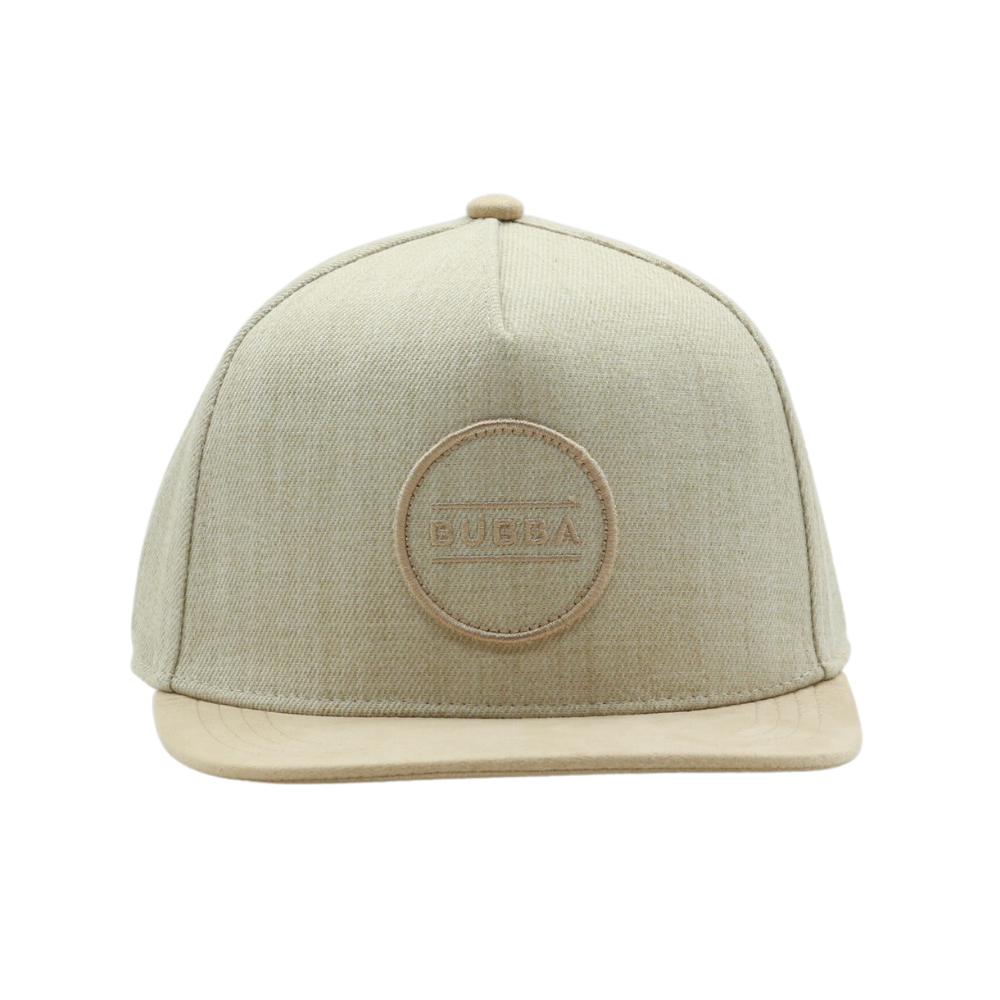 Tan Kids Trucker Hat with Bubba Logo: A stylish tan-colored children's trucker hat featuring a playful Bubba logo embroidered on the front.