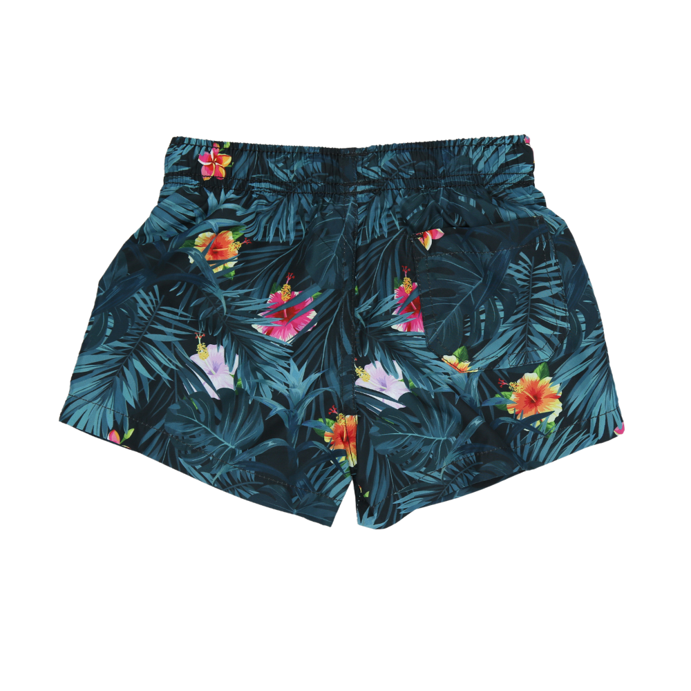 Adorable kids' swim shorts named 'Aloha,' designed for ages 6 months to 5 years. The vibrant and playful swimwear features a tropical pattern with palm trees, hibiscus flowers, and surfing elements. These high-quality swim shorts are perfect for little ones to make a splash at the beach or pool. The elastic waist ensures a comfortable fit, allowing for carefree play and water adventures. Let your child embrace the sunny vibes in style with the 'Aloha' swim shorts!