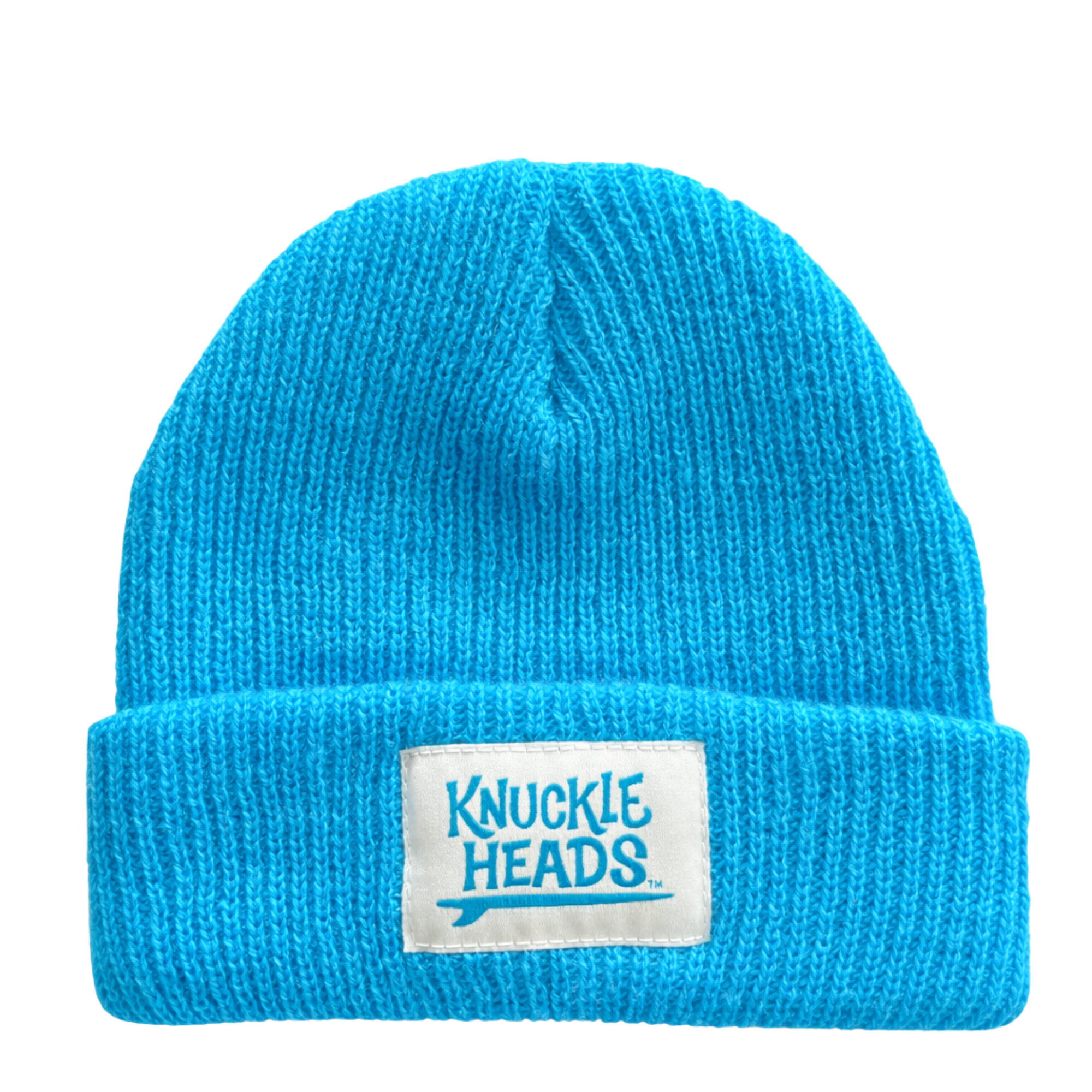 Baby winter hat in electric blue ribbed knit with folded cuff and Knuckleheads label
