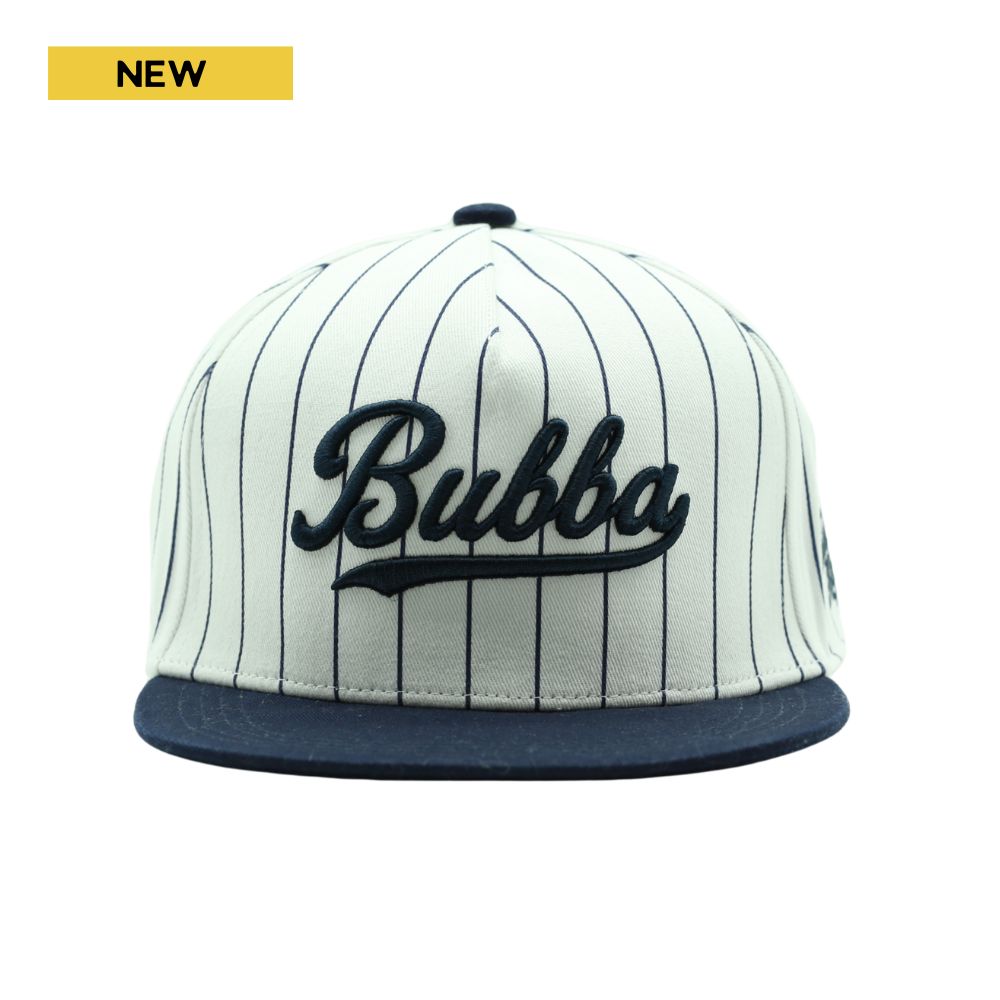 Bubba pinstripe snapback hat in off-white and navy with raised embroidery front view