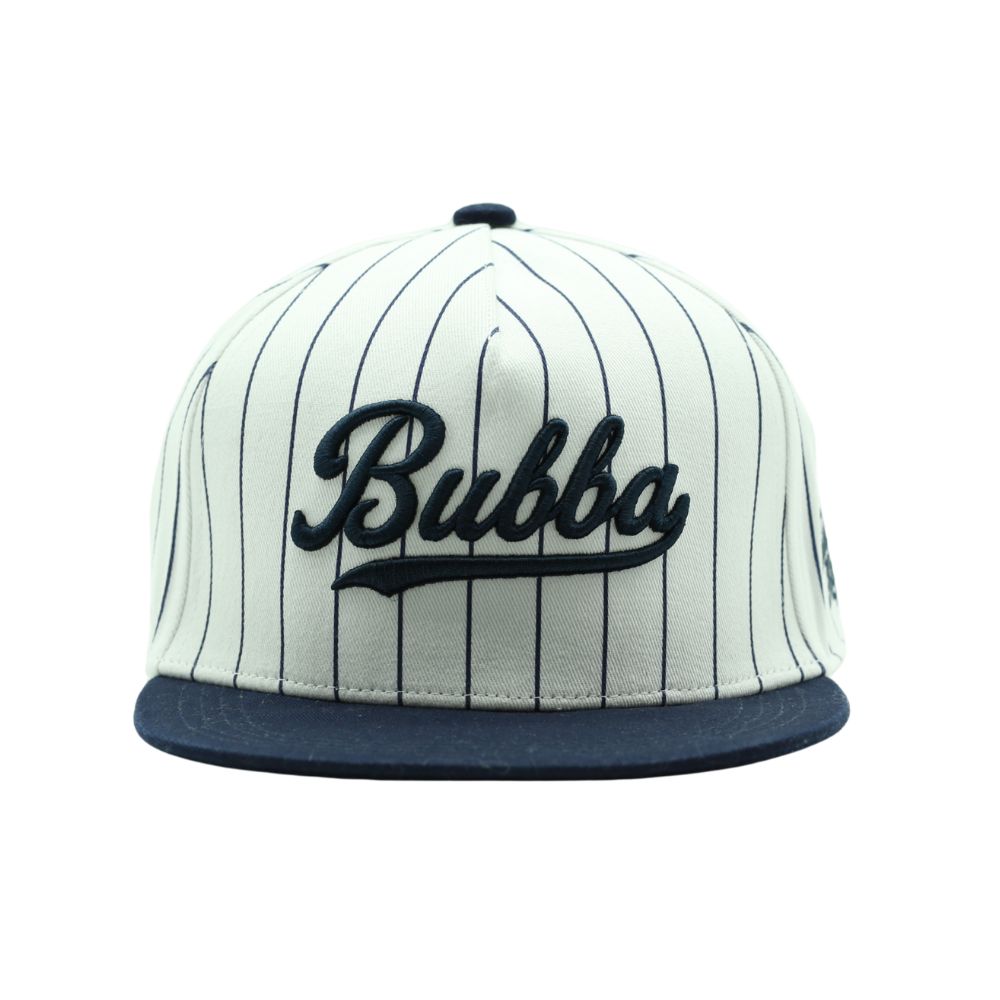 Bubba pinstripe snapback hat in off-white and navy with raised embroidery front view