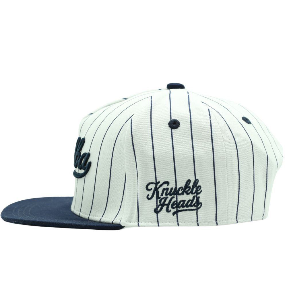 Close-up of Bubba embroidered snapback hat with navy pinstripes