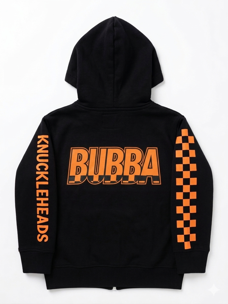 Knuckleheads Kids Bubba Zip Hoodie black graphic sweatshirt with orange logo and checker sleeves for toddlers and youth