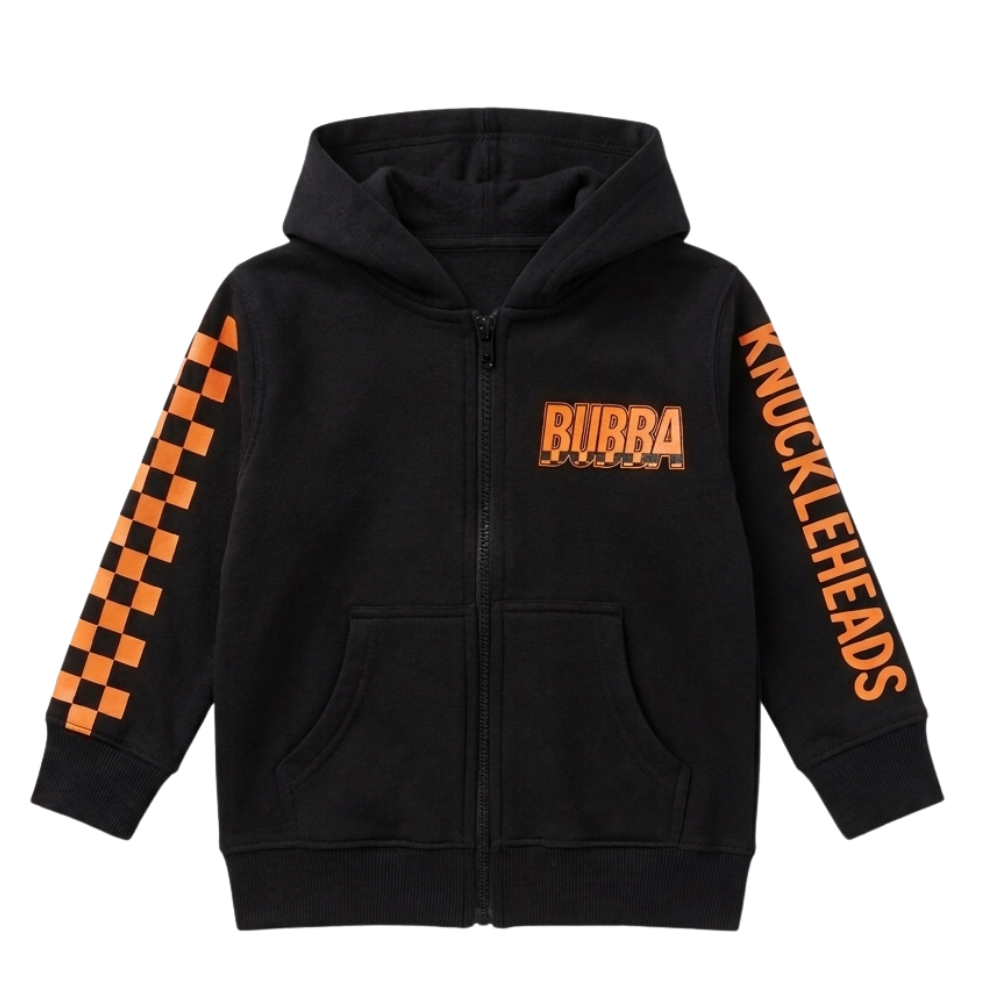 Knuckleheads Kids Bubba Zip Hoodie black graphic sweatshirt with orange logo and checker sleeves for toddlers and youth