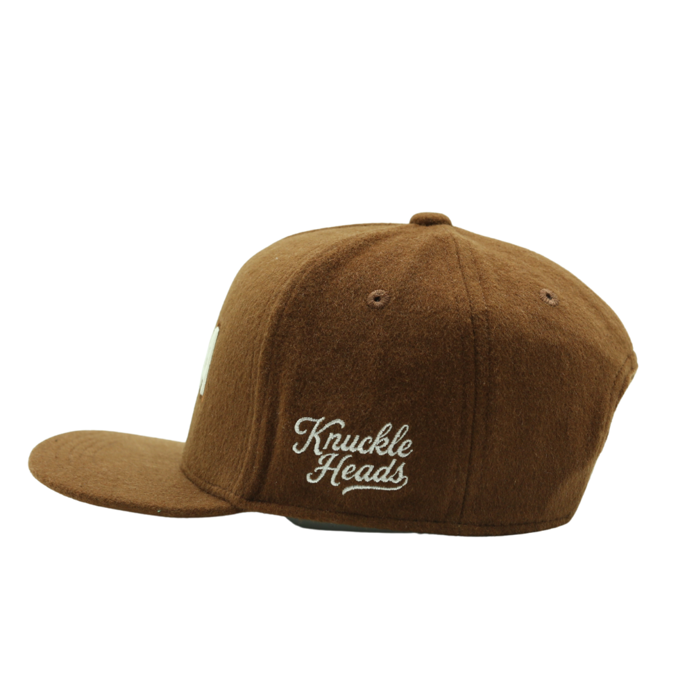 side view of bubba varsity kids snapback hat brown wool blend chenille baby toddler cap