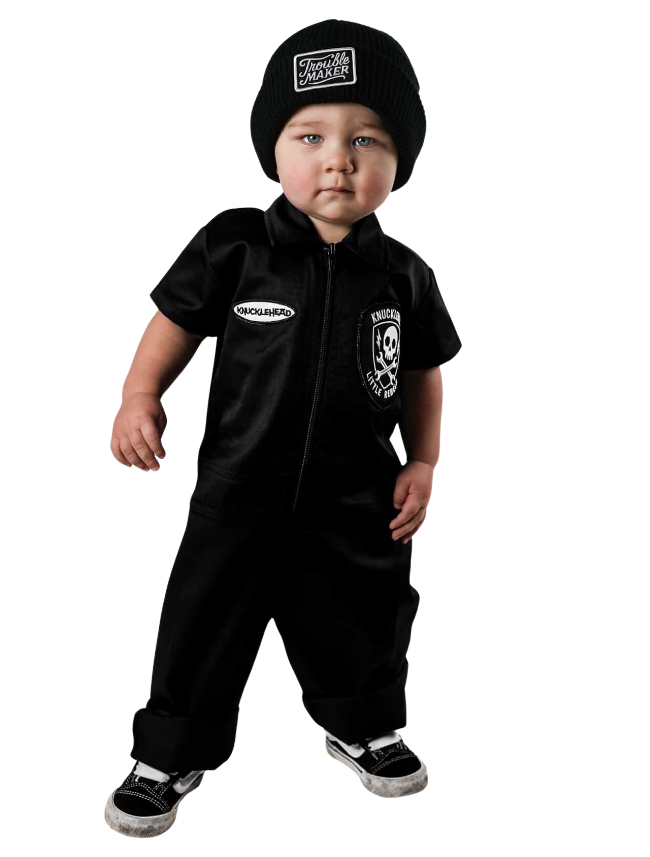 Mini mechanic style: black Little Rebel Skull Coveralls for infants and toddlers, perfect for bold and playful looks.