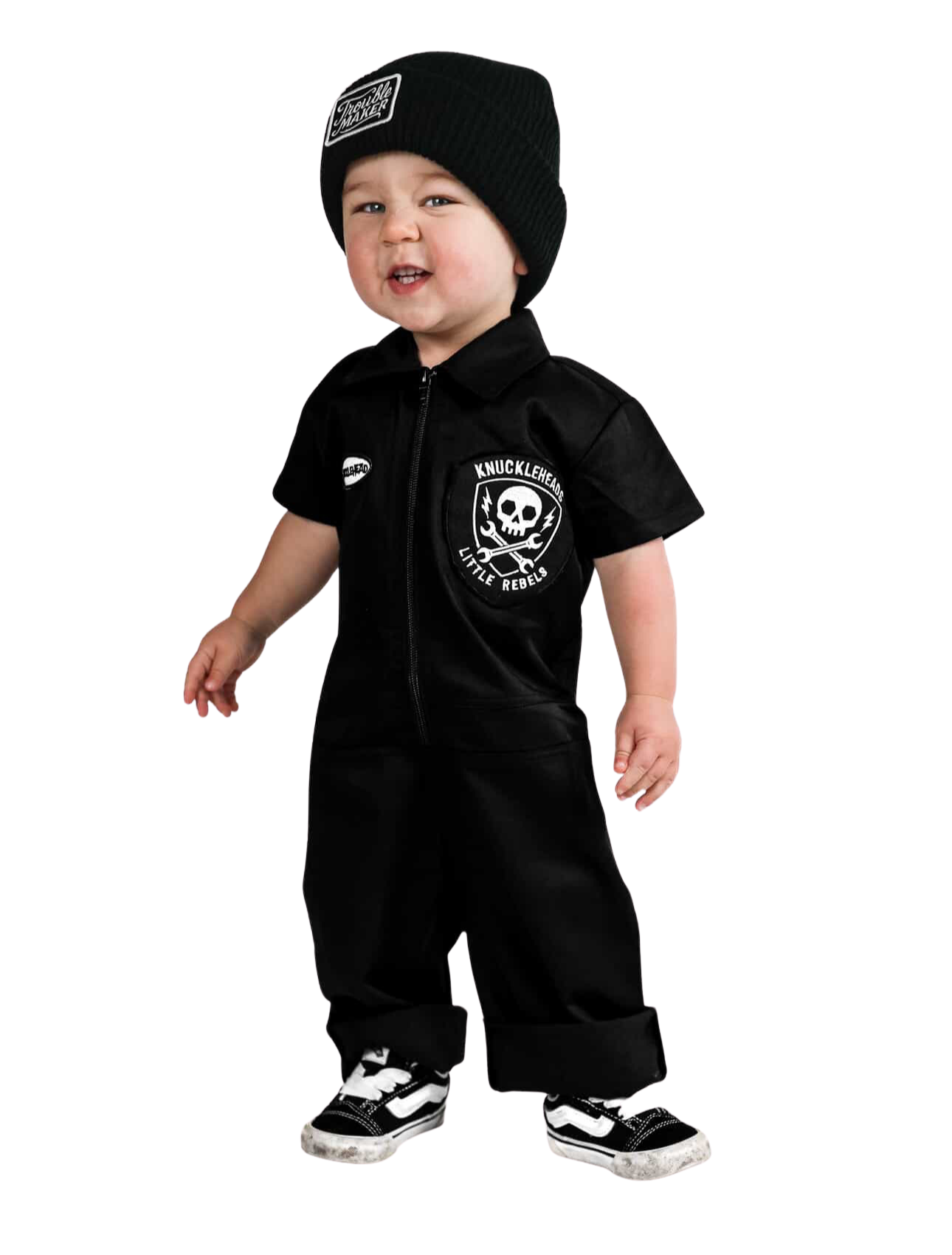 Mini mechanic style: black Little Rebel Skull Coveralls for infants and toddlers, perfect for bold and playful looks.