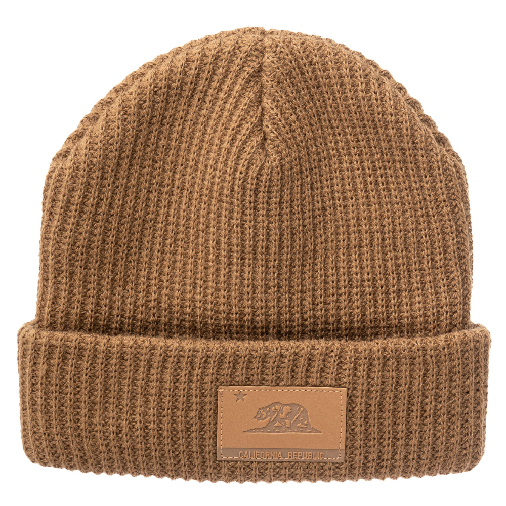 Image of Brown Kids Beanie with California Republic Logo: A stylish and cozy accessory for kids. In a charming green color, it proudly displays the California Republic logo on the front. Keep your child both trendy and warm with this fashionable beanie, perfect for adding a touch of West Coast flair to their outfits.
