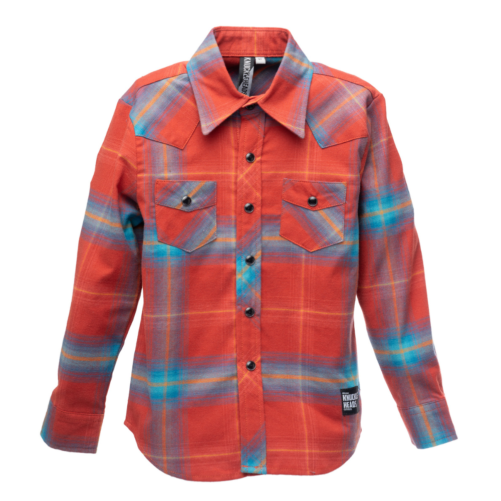 Image: An orange Highland Button Down Long Sleeve Shirt designed for children, featuring a classic, stylish design and made from premium, breathable cotton fabric.