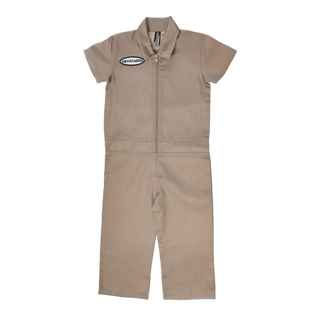 This image showcases delightful camel kids' coveralls adorned with a charming Knuckleheads patch, adding a touch of whimsy to your child's wardrobe. These coveralls are not only fashionable but also comfortable, making them an ideal choice for your little one's everyday adventures.
