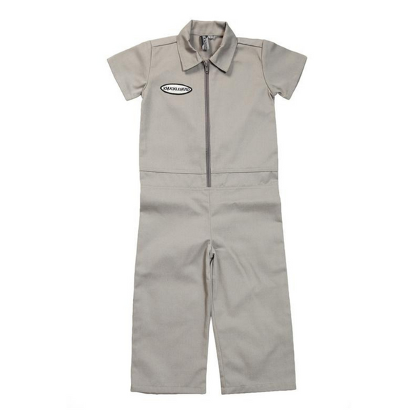 This image showcases delightful grey kids' coveralls adorned with a charming Knuckleheads patch, adding a touch of whimsy to your child's wardrobe. These coveralls are not only fashionable but also comfortable, making them an ideal choice for your little one's everyday adventures.