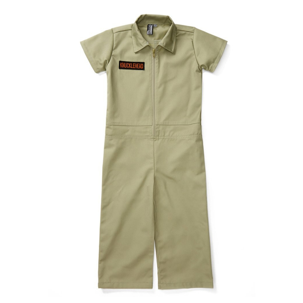 This image showcases delightful khaki kids' coveralls adorned with a charming Knuckleheads patch, adding a touch of whimsy to your child's wardrobe. These coveralls are not only fashionable but also comfortable, making them an ideal choice for your little one's everyday adventures.