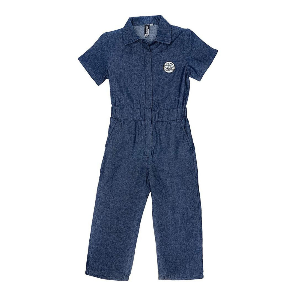 This image showcases delightful denim kids' coveralls adorned with a charming Knuckleheads patch, adding a touch of whimsy to your child's wardrobe. These coveralls are not only fashionable but also comfortable, making them an ideal choice for your little one's everyday adventures.