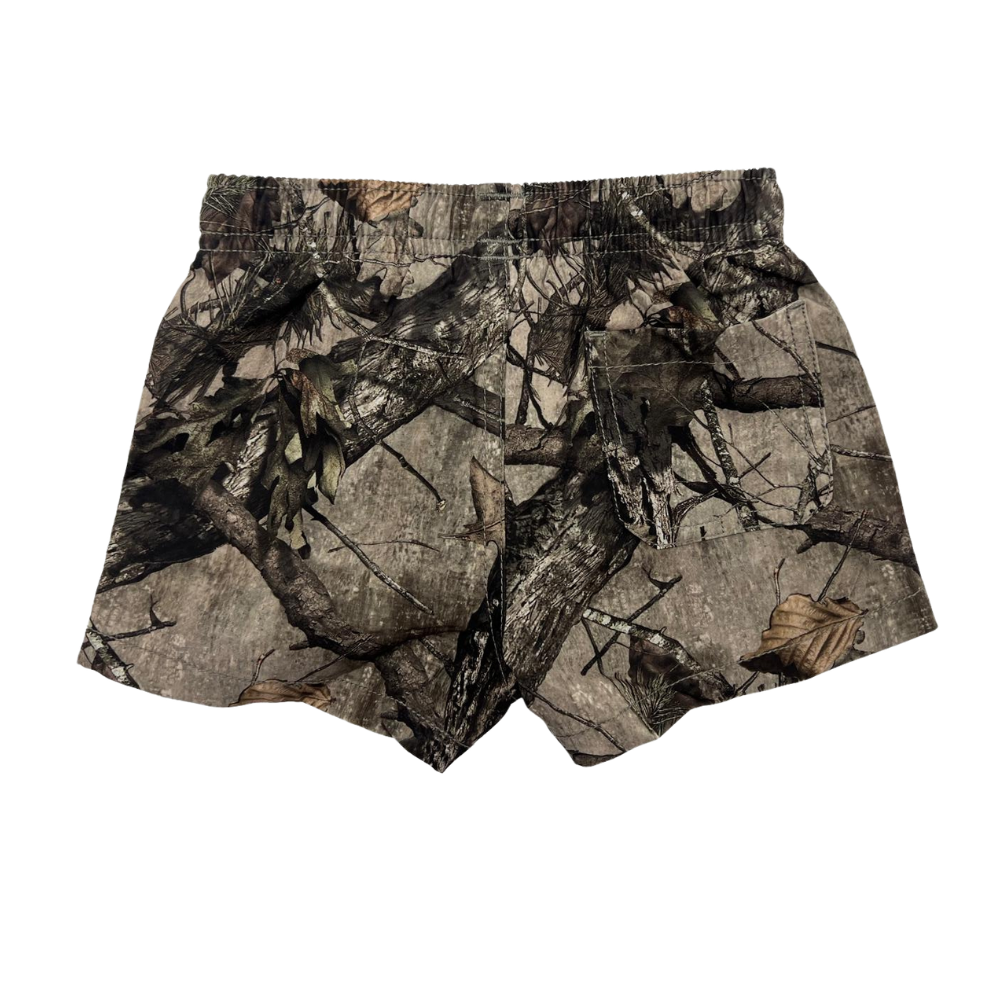 kids forest camo swimmies back view camouflage swim trunks with elastic waist for boys and girls