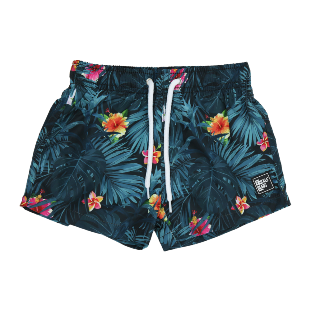 Adorable kids' swim shorts named 'Aloha,' designed for ages 6 months to 5 years. The vibrant and playful swimwear features a tropical pattern with palm trees, hibiscus flowers, and surfing elements. These high-quality swim shorts are perfect for little ones to make a splash at the beach or pool. The elastic waist ensures a comfortable fit, allowing for carefree play and water adventures. Let your child embrace the sunny vibes in style with the 'Aloha' swim shorts!